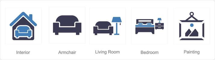 A set of 5 Home Interior icons as interior, armchair, living room vector