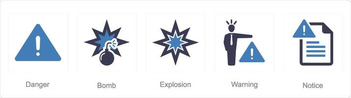 A set of 5 Hazard Danger icons as danger, bomb, explosion vector