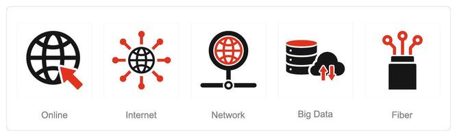 A set of 5 Internet Computer icons as online, internet, network, big data vector