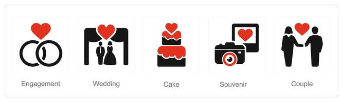 A set of 5 Honeymoon icons as engagement, wedding, cake vector