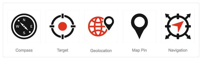 A set of 5 Location icons as compass, target, geo location vector