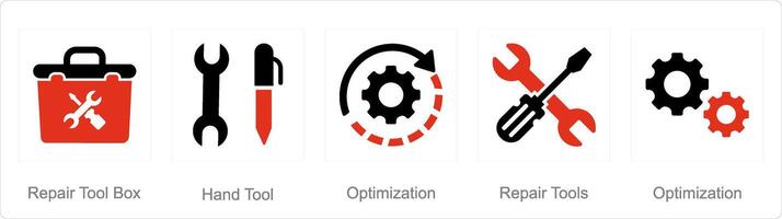 A set of 5 Mix icons as repair tool box, hand tool, optimization vector