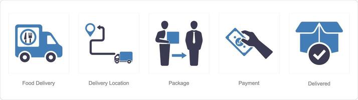 A set of 5 delivery icons as food delivery, delivery location, package vector