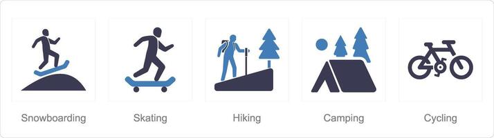 A set of 5 Hobby icons as snowboarding, skating, hiking vector