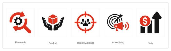 A set of 5 Digital Marketing icons as research, product, target audience vector