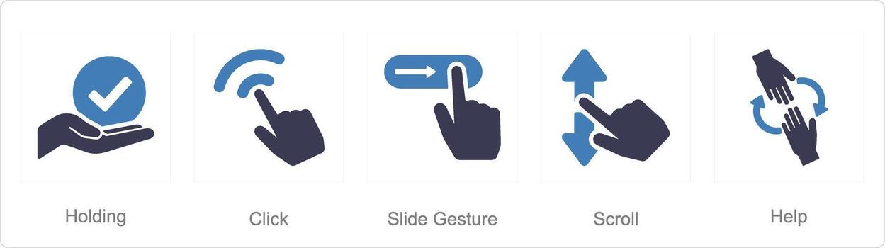 A set of 5 Hands icons as holding, click, slide gesture vector