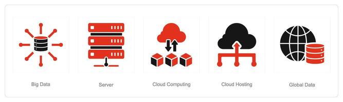 A set of 5 Data analysis icons as big data, server, cloud computing vector