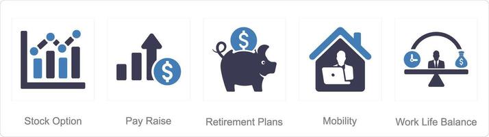 A set of 5 Employee Benefits icons as stock option, pay raise, retirement plans vector