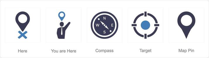 A set of 5 Location icons as here, you are here, compass vector