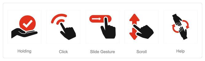 A set of 5 Hands icons as holding, click, slide gesture vector