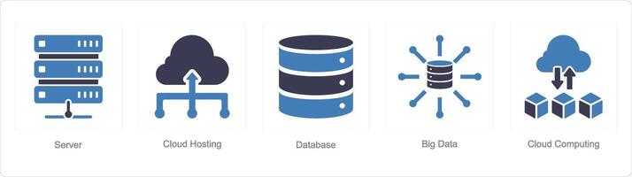 A set of 5 Data analysis icons as server, cloud hosting, database vector