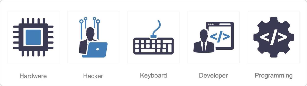 A set of 5 Internet Computer icons as hacker, keyboard, developer vector