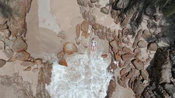 giovane donna nel un' bikini dire bugie su un' selvaggio tropicale spiaggia. video