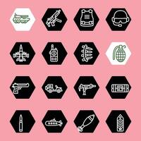 military gun line icon set black and white vector