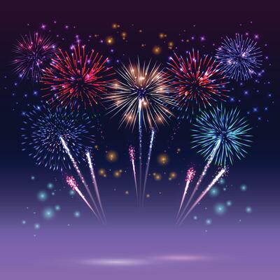 Brightly Colorful Fireworks on twilight background