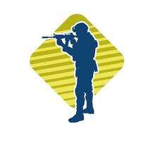 Silhouette of a male soldier carrying machine gun weapon. Silhouette of a sniper shooter in action. vector