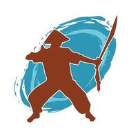 Silhouette of a male fighter in martial art costume carrying katana sword weapon. vector