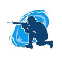 Silhouette of a male soldier carrying machine gun weapon. Silhouette of a sniper shooter in action. vector