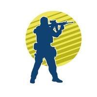 Silhouette of a male soldier carrying machine gun weapon. vector