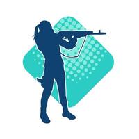 Silhouette of a female shooter firing with sniper long barrel rifle gun weapon vector