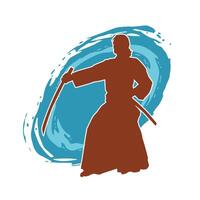 Silhouette of a male fighter in martial art costume carrying katana sword weapon. vector