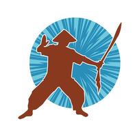 Silhouette of a male fighter in martial art costume carrying katana sword weapon. vector