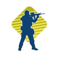 Silhouette of a male soldier carrying machine gun weapon. vector