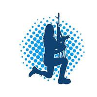 Silhouette of a female soldier carrying machine gun weapon. vector