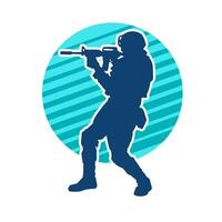 Silhouette of a male soldier carrying machine gun weapon. Silhouette of a sniper shooter in action. vector