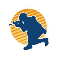 Silhouette of a male soldier carrying machine gun weapon. Silhouette of a sniper shooter in action. vector