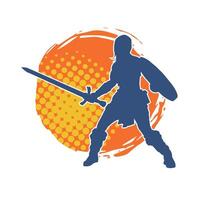 Silhouette of a female warrior in battle armor carrying sword weapon and iron shield. vector