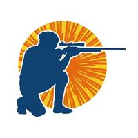 Silhouette of a male soldier carrying machine gun weapon. Silhouette of a sniper shooter in action. vector
