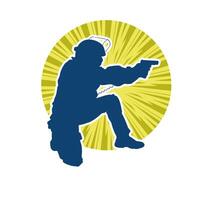 Silhouette of a male special force police wearing bulletproof vest in action pose using hand gun weapon vector