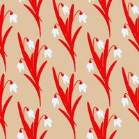 Seamless Pattern of Red Stylized Snowdrop Flowers on Beige Background vector