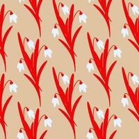 Seamless Pattern of Red Stylized Snowdrop Flowers on Beige Background vector