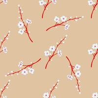 Seamless Pattern of Red Branches with White Blossoms on Beige Background vector