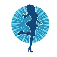 Silhouette of a female dancer wearing mini skirt in action pose. Silhouette of a slim woman dancing happily. vector