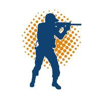 Silhouette of a male soldier carrying machine gun weapon. vector