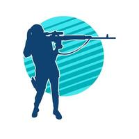 Silhouette of a female shooter firing with sniper long barrel rifle gun weapon vector