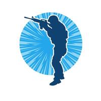 Silhouette of a male soldier carrying machine gun weapon. Silhouette of a sniper shooter in action. vector