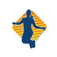 Silhouette of a slim sporty woman doing jump rope workout. vector