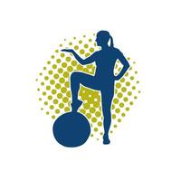 silueta de un Delgado deportivo mujer haciendo pilates ejercicio utilizando gimnasio pelota. silueta de un deportivo hembra haciendo físico ejercicio utilizando aptitud pelota. vector