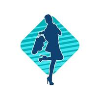 silueta de un Delgado joven mujer que lleva compras bolsas. vector