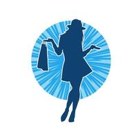 Silhouette of a slim young woman carrying shopping bags. vector