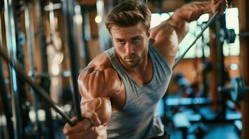 ai generado un hombre trabajando fuera en un gimnasio con moderno máquina. generativo ai. foto