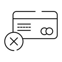 Bank card with cross mark, linear design of card not accepted vector