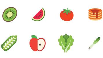 comida y frutas vector icono conjunto para niños cuentos y colorante libros