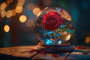 AI generated Rose in a crystal ball on the table photo