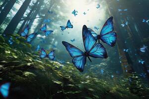 AI generated Big group of stylized blue monarch butterflies flying in a natural forest environment, AI generated photo