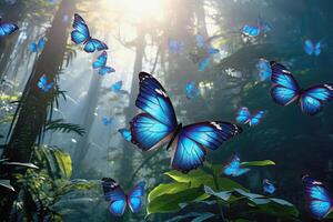 AI generated Big group of stylized blue monarch butterflies flying in a natural forest environment, AI generated photo